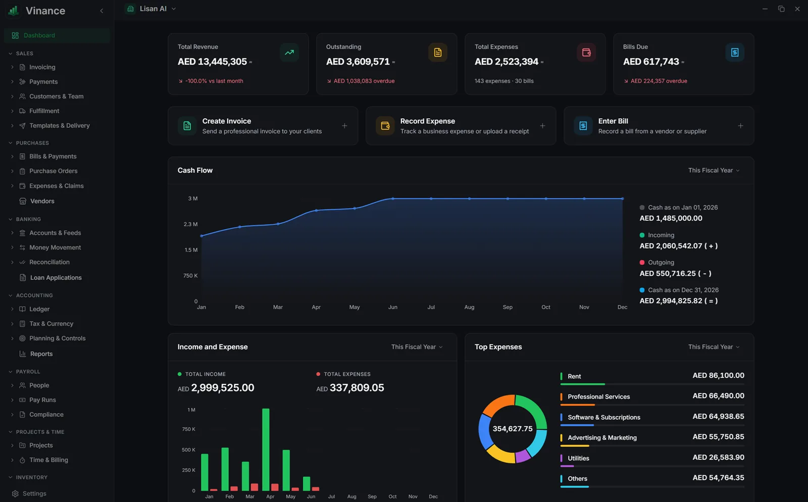 Vinance: the desktop app on its financial overview, with revenue and expense totals, cash flow, and top expenses in AED